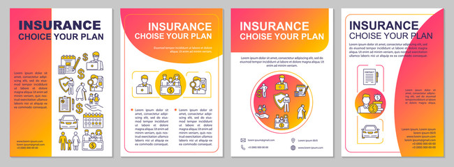 Choose insurance plan brochure template. Personal security. Flyer, booklet, leaflet print, cover design with linear icons. Vector layouts for magazines, annual reports, advertising posters