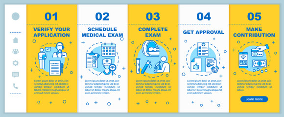 Insurance plan onboarding vector template. Agency services. Healthcare check. Personal confirmation. Responsive mobile website with icons. Webpage walkthrough step screens. RGB color concept