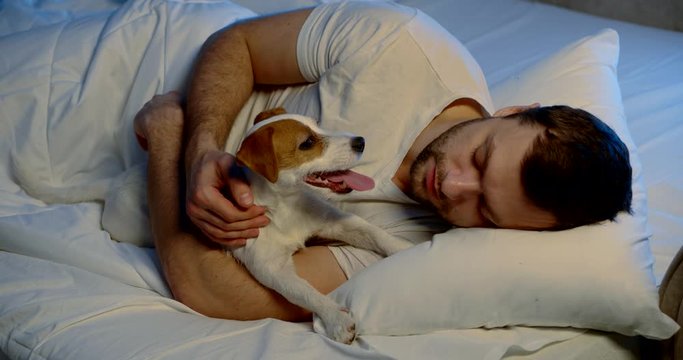a man is lying on his side on a sofa with white linen in an embrace with his dog. the guy is talking to the animal and stroking its head. the pet stuck out its tongue. close up. bottom blue light