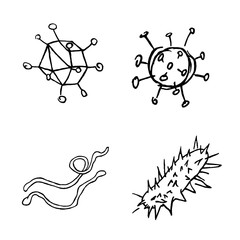 Four isolated hand drawn viruses in sketch style.