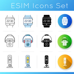 Mobile devices icons set. Electronic gadgets. Smart technology. Smart watch, MP3 player, fitness tracker. Compact digital tools. Linear, black and RGB color styles. Isolated vector illustrations