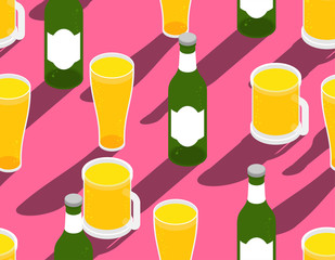 Beer pattern seamless. beer mug and bottle texture. vector background