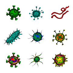 Viruses, microbes, bacterias in hand drawn collection of nine isolated objects.