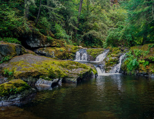 Fototapeta na wymiar Remarkable Lower Little Mashel Falls cascading into a moss covered rocky surface leading to a small pool of water in the creek at the Charles Pack Forest during the summer in Pierce County Washington 