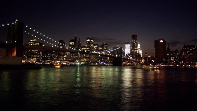 WS, Lockdown, View of Brooklyn Bridge and Manhattan at night, New York, USA