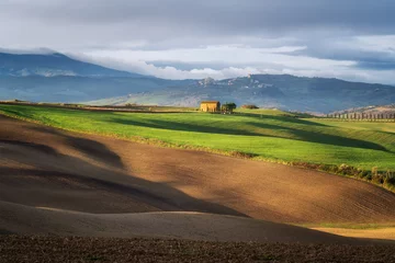 Fotobehang Chocoladebruin Geweldig lentelandschap met groene glooiende heuvels en boerderijen in het hart van Toscane in de ochtend  © Jess_Ivanova
