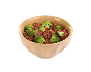 Delicious brown rice in bowl isolated on white