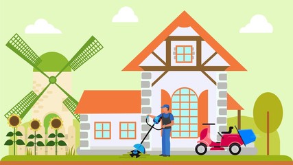 Naklejka premium Man worker gardener or owner mows grass lawn near country house vector illustration. Motorcycle and electric two lawn mowers equipment household machine. Mill, blooming sunflowers.