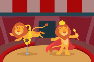 Lions trick animal fire performance in circus arena vector illustration. Fun art entertainment festive carnival wild jumping lion trained cute artist show with burning ring.