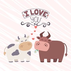 Funny cartoon animals cow and bull vector illustration. Confession of love lettering, congratulation, Valentines day, wedding celebration, invitation card. Couple of cute animals, flower, hearts.