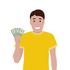 Man holds money in his hands and enjoys his salary. Cartoon vector illustration, flat design