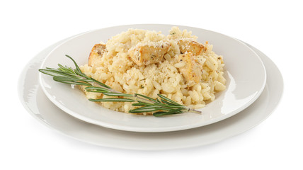 Delicious chicken risotto with rosemary isolated on white
