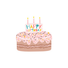 Cake sprinkles and pink glaze with birthday party with candles and the inscription. Isolated flat vector illustration in simple cartoon style on a white background.