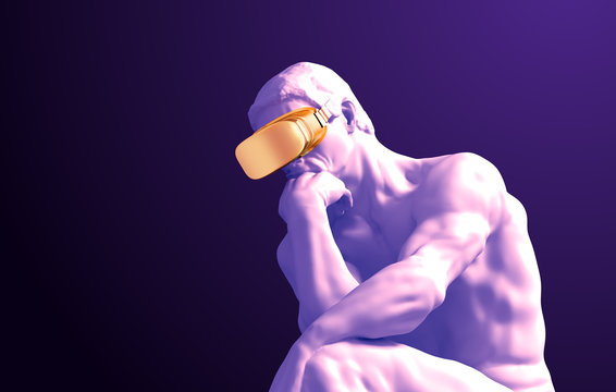 Sculpture Thinker With Golden VR Glasses On Purple Background