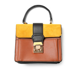 Elegant women's handbag isolated on white, top view