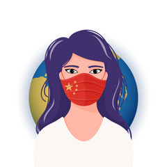 Shoulder portrait of young worried asian woman in medical mask with flag of the Peoples Republic of China over the globe, vector illustration on dark background, coronavirus pandemic concept