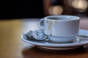 Dirty cup of coffee on a wooden table