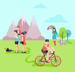 Different people in park with dogs vector illustration. Family with child woman girl young man on bicycle in open air. Place for walking dogs and outdoor activities. Mountain background.