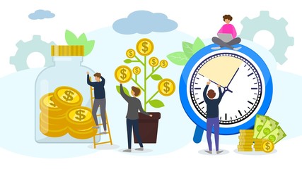 Time and finance management, money saving, banking deposit, investment services business vector illustration. People team working among huge money dollars cash coins, banknotes and timer clock.