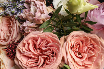 Bouquet of beautiful flowers, closeup view. Floral decor
