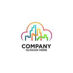 colorful city and cloud with line art logo design
