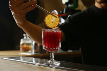 Bartender decorating glass of fresh alcoholic cocktail at bar counter, closeup