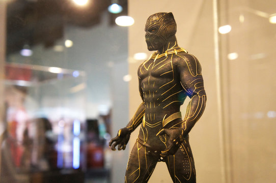 KUALA LUMPUR, MALAYSIA - JUNE 22, 2019: Fictional character action figure Black Panther and Killmonger from Marvel. The action figure displayed by the collector for public