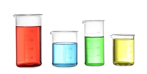 Different laboratory glassware with colorful liquids isolated on white