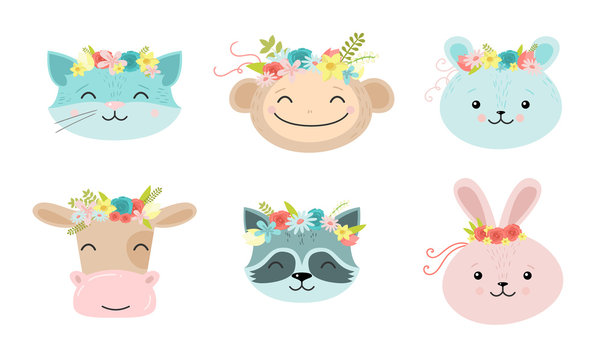 Cartoon funny cute animal faces with floral wreaths vector illustration