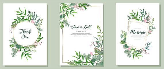 Set of three wedding cards, watercolor greenery and golden frames © nurofina