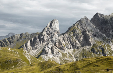 Hiking Dolomites mountains of Passo Giau. Peaks in South Tyrol in the Alps of Europe. Trekking fun