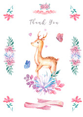 Cute baby deer and roccoon with tasty cake animal isolated illustration for children. Bohemian watercolor boho forest deer family watercolor drawing Perfect for nursery posters. Birthday invite.