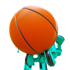 friendly robot is holding a basketball ball in white background close up