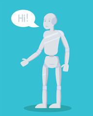 Vector illustration of a cheerful robot. The robot says hi.Blue background. 