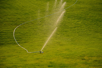 Beautiful green mowed lawn being watered in a park