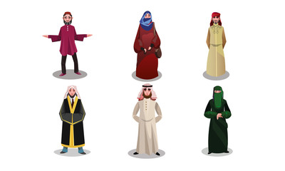 Muslim arabic people in long traditional clothing vector illustration
