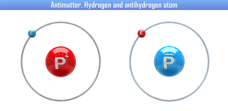 Antimatter. Hydrogen and antihydrogen atom (3d illustration)