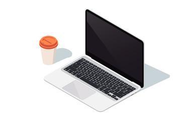 Modern laptop and a coffee cup isolated on white background. Vector 3d isometric illustration. IT technology.