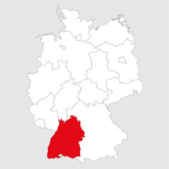 Obraz premium Baden Wurttemberg province highlighted germany political map. Gray background. German map. Business concepts.