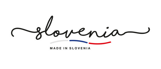 Made in Slovenia handwritten calligraphic lettering logo sticker flag ribbon banner