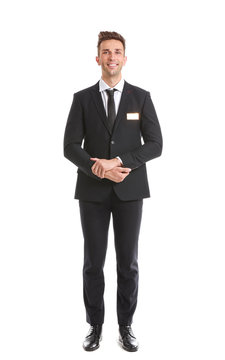 Portrait of hotel receptionist on white background