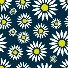 Beautiful camomile flowers on a blue background. Vector hand drawing. Seamless pattern. Texture.