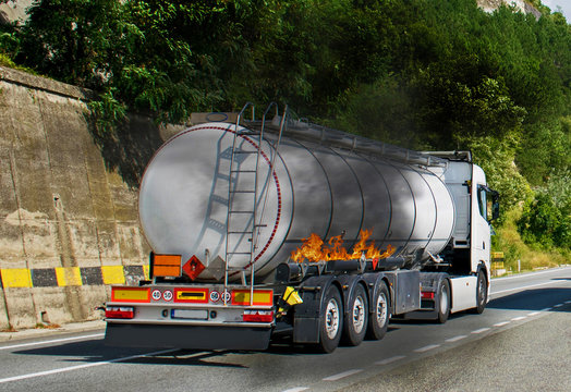 fire broke out at a tanker carrying diesel. Danger of explosion. Dangers that may occur to cars carrying fuel. Image with a fire