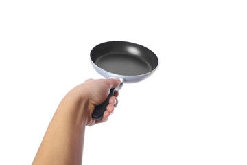 pan in hands on a white background