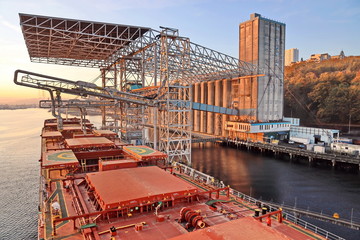 Cargo terminal for loading grain cargo by shore cranes. Port Tacoma,WA, USA. October, 2019.