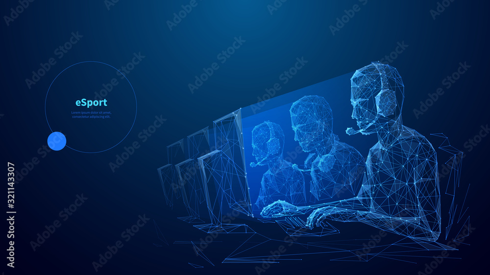 Poster cybersport low poly wireframe banner vector template. esports competition, online game championship 
