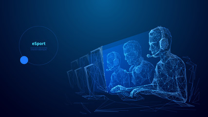 Cybersport low poly wireframe banner vector template. Esports competition, online game championship poster polygonal design with text space. Professional gamers team 3d mesh art with connected dots © AntonKhrupinArt