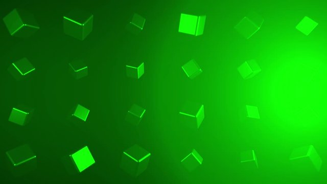 Abstract green cubes placed in rows on green background with light flare rotating into different directions. Animation. 3D neon geometric figures, motion graphics concept.