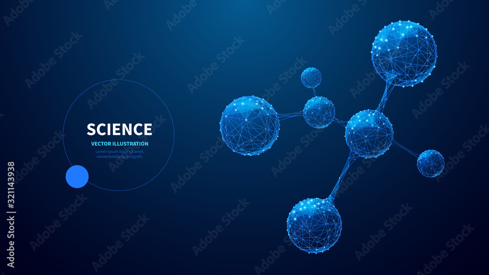 Poster An abstract model of molecule low poly wireframe on a blue background. Science and medical concept with connected dots. Starry sky low poly wireframe digital vector illustration on white background. 