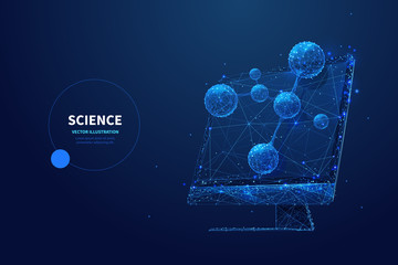 Futuristic science low poly wireframe banner vector template. Scientific research technology, biotechnology study poster polygonal design. Monitor with molecule model 3d mesh art with connected dots